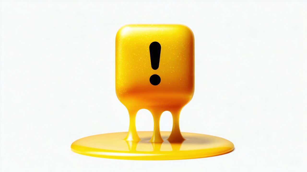 A Vibrant Yellow Cube with a Dripping Design Featuring an Exclamation Mark, Capturing Attention with Its Glossy Finish and Unique Shape, Perfect for Creative Visuals or Warning Symbols