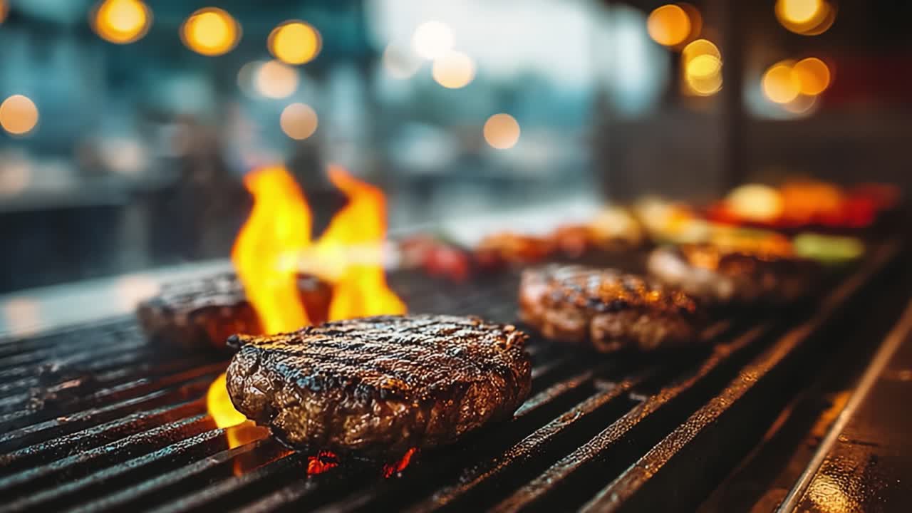 Hamburger sfrigolanti sulla griglia: Un'esperienza culinaria con fiamme e fumo che cattura l'essenza della cucina all'aperto e la perfezione del barbecue in un'atmosfera invitante