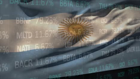 animation of stock market data processing against waving argentina flag