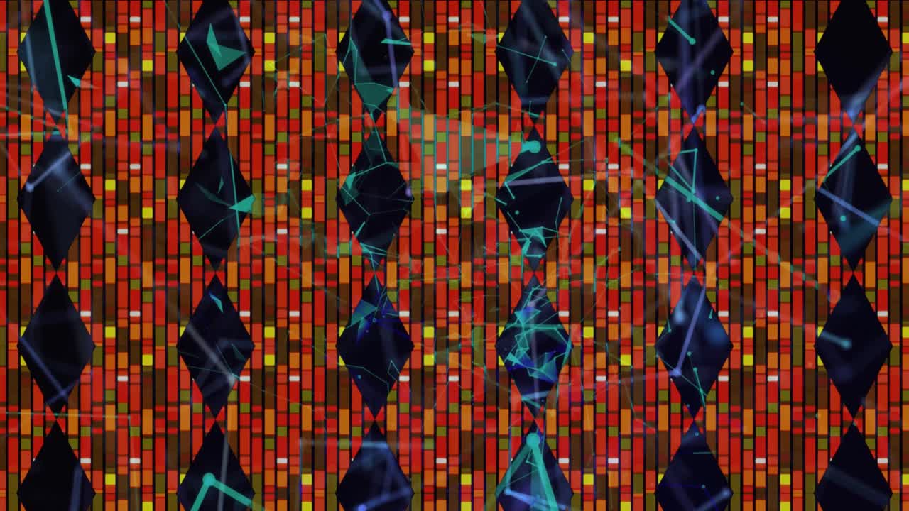 animación de formas naranjas intermitentes sobre una red de conexiones sobre un fondo negro