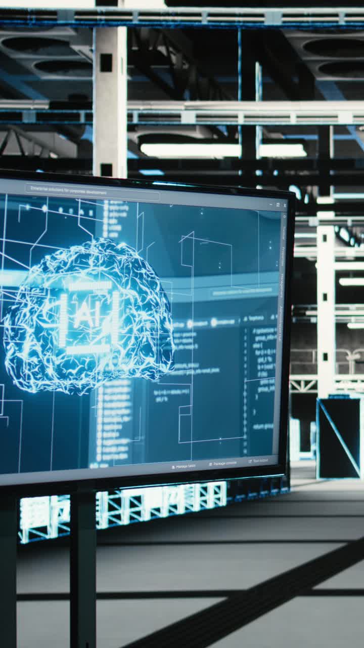 Vertical video Data center AI technology on monitor overseeing equipment rigs, VFX compositing