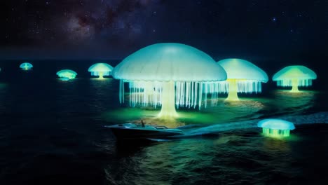 el bosque de medusas brillantes por la noche