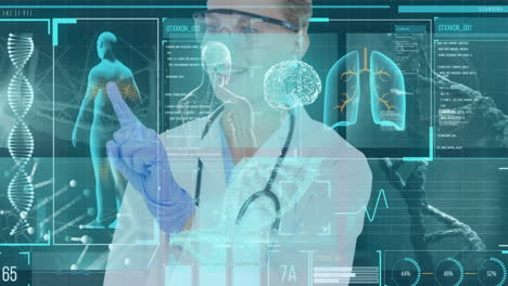 animación del procesamiento de datos sobre la pantalla táctil de la doctora caucásica