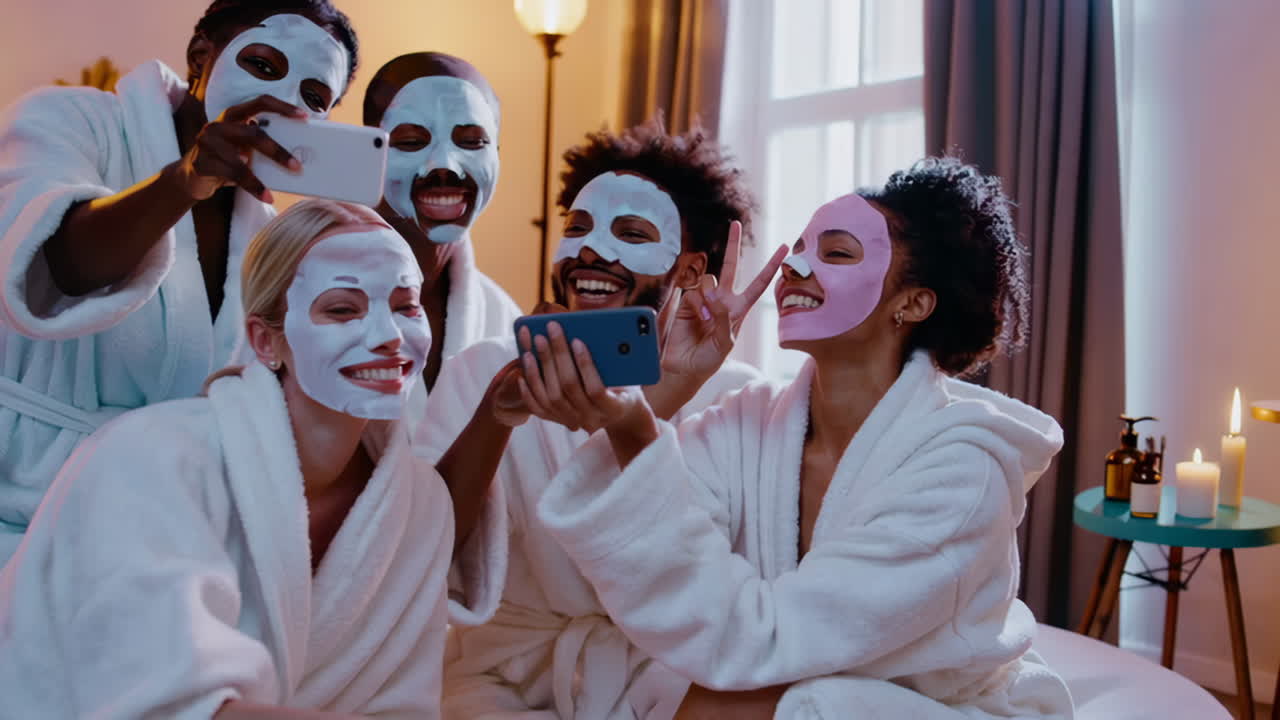 Friends enjoy a relaxing spa night with face masks and selfies