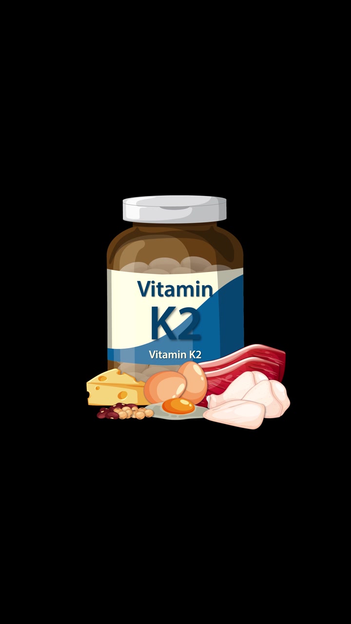 Botol Vitamin K2 muncul bersama keju, telur, daging, dan ayam dengan latar belakang hitam