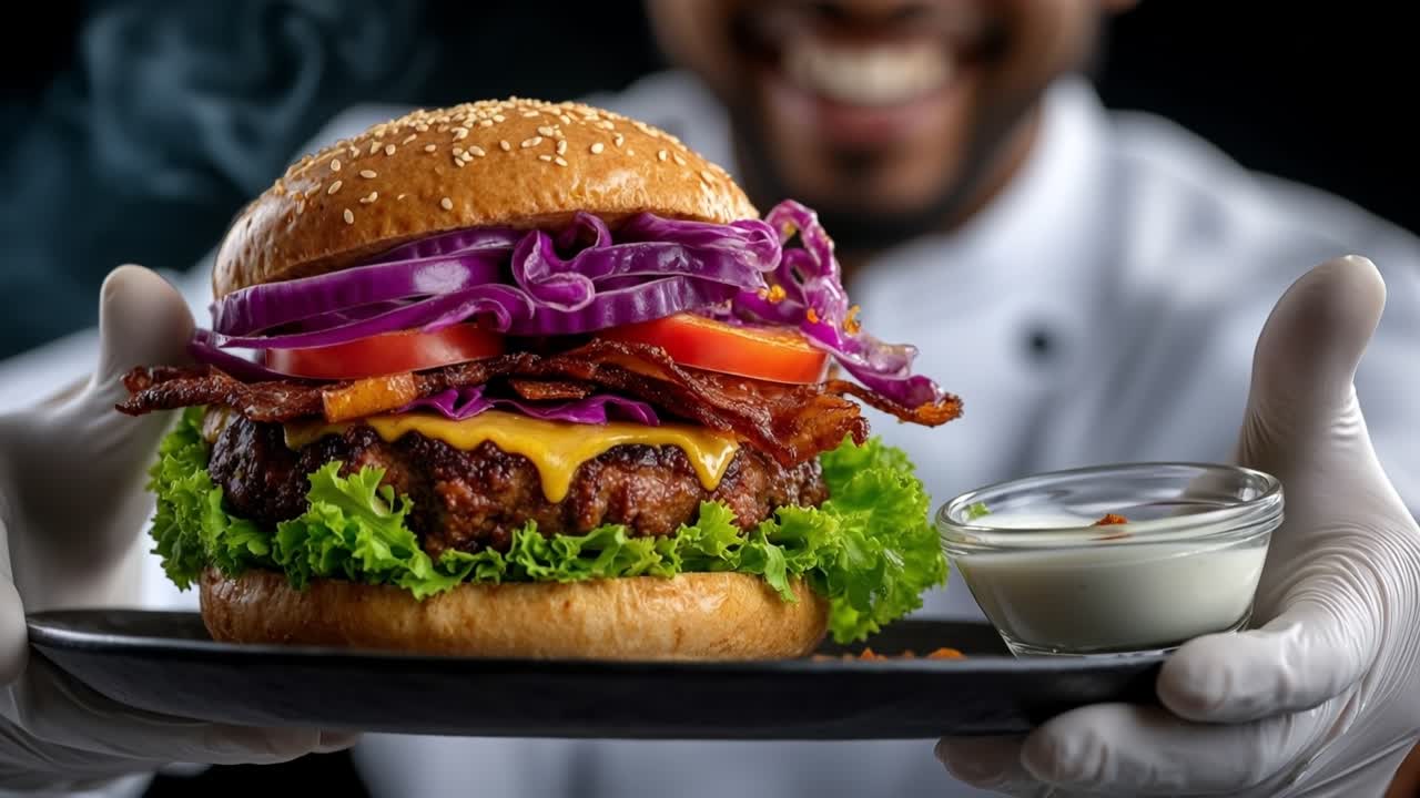Professionel kok med hvide handsker holder en lækker frisk burger med grøntsager og sauce på en sort tallerken.