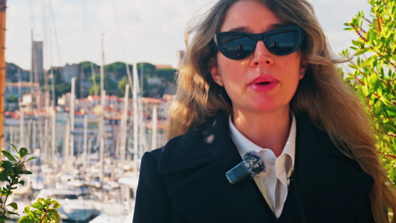 Woman wearing sunglasses talking in front of boats docked in the Pierre Canto Port in Cannes, France