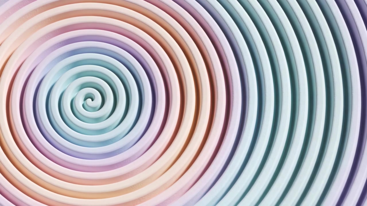 Frames starting central spiral unwinding, rings expanding across canvas, forming pastel ripple
