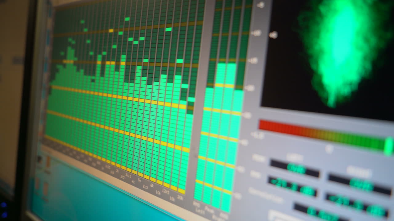 Audio waves on a computer screen. Voice recording for music. Recording studio or radio
