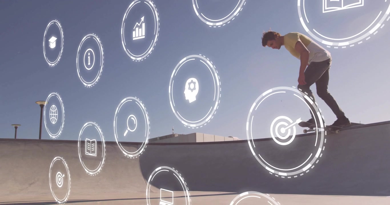 Young Man Skateboarding in Park with Digital Education Icons