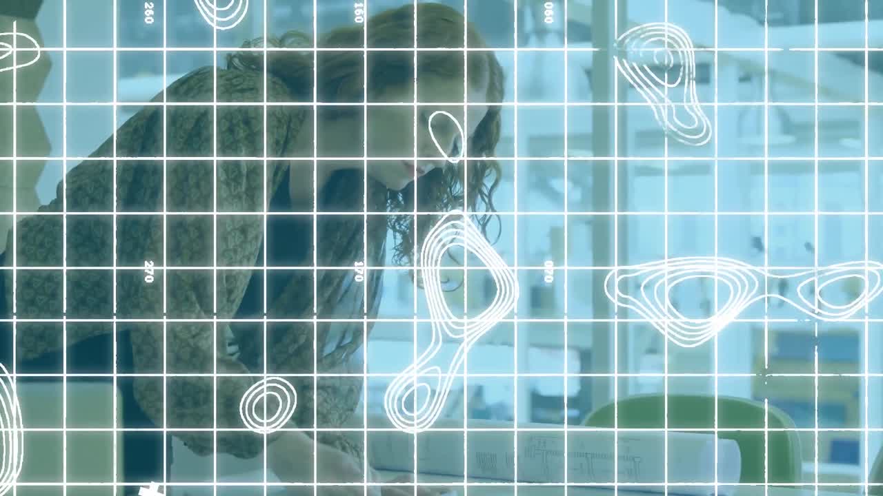 책상 에 있는 청사진 을 보고 있는 여자 위 에 있는 윤 ⁇  선 과 격자 의 애니메이션