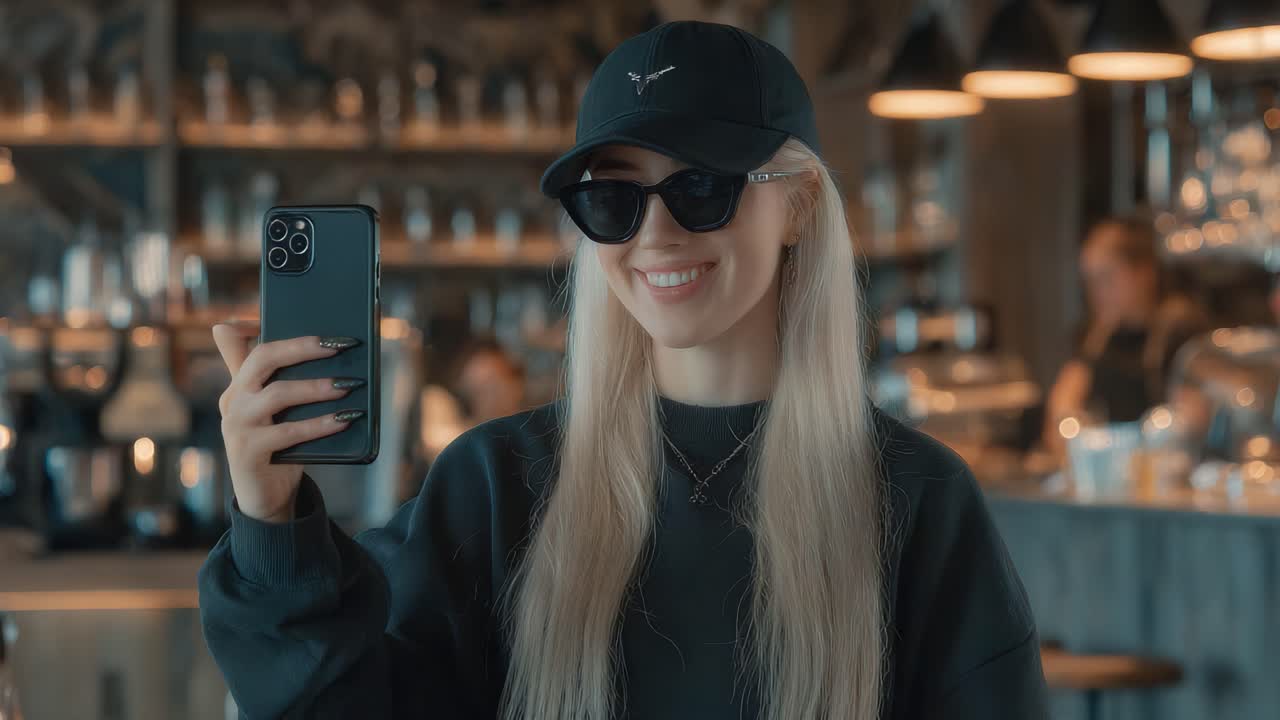 A Trendy Young Woman in a Cap and Sunglasses Captures a Joyful Selfie at a Modern Cafe, Radiating Confidence and Style in Her Fashionable Black Attire