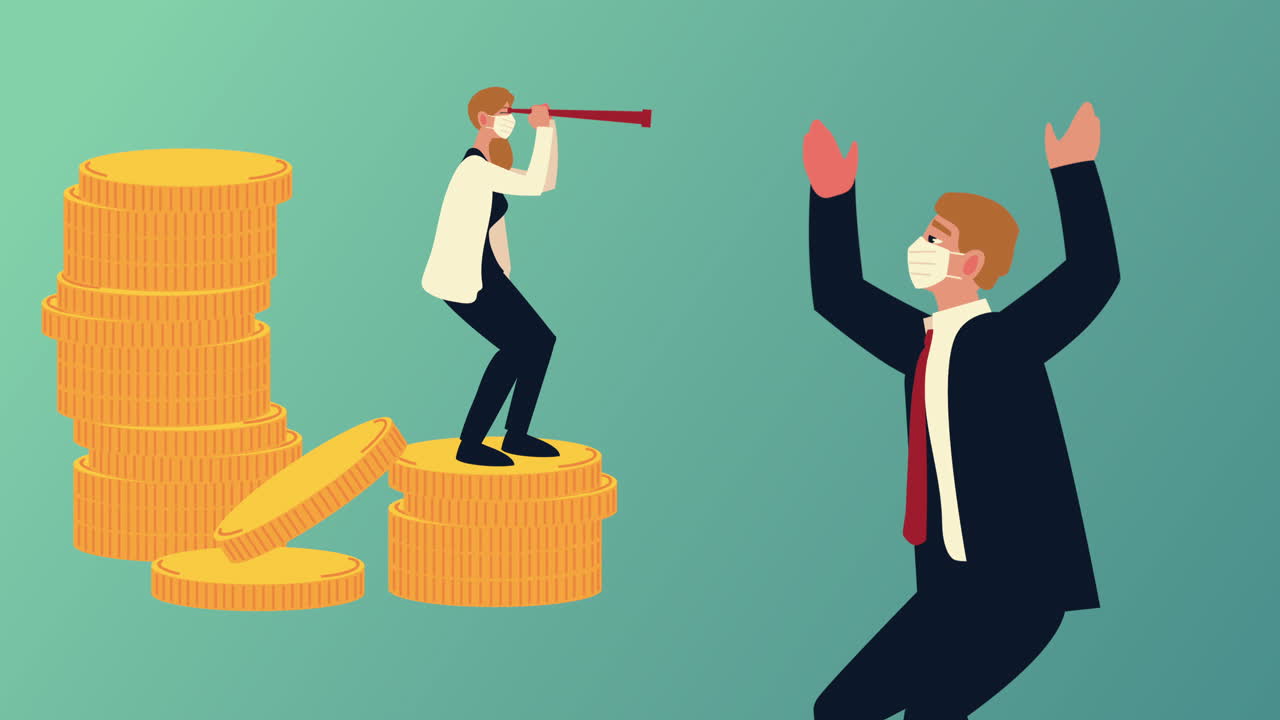 메디컬 마스크를 착용한 사업가들이 동전과 돈을 가지고 있습니다.