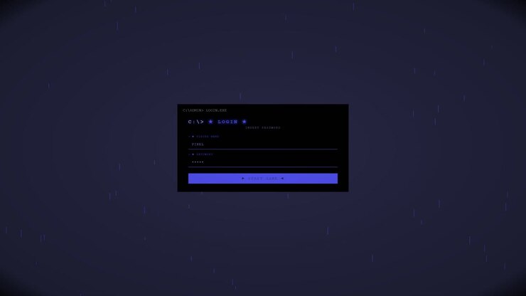 A login window appears in a dark digital space overlaying a user interface. Animation depicts a hacking or hijacking event in the system