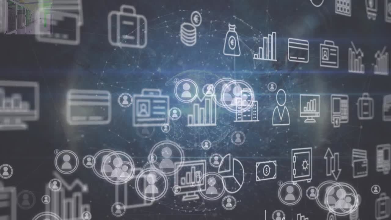 animación de iconos financieros que caen sobre un fondo oscuro