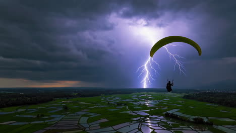paragliding in a storm over rice paddies