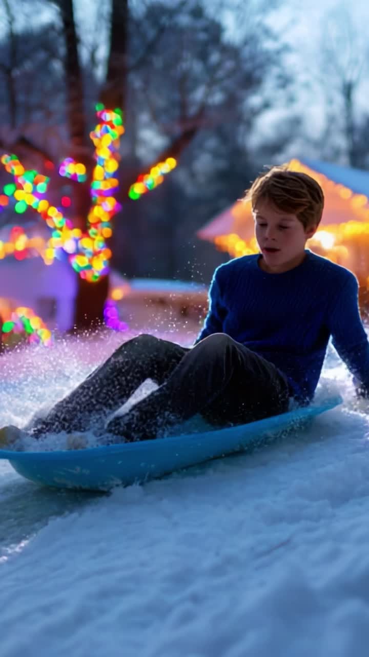 A Joyful Winter Adventure: A Young Boy Sliding Down a Snowy Hill on a Sled, Surrounded by Twinkling Christmas Lights and a Magical Winter Wonderland Atmosphere at Dusk