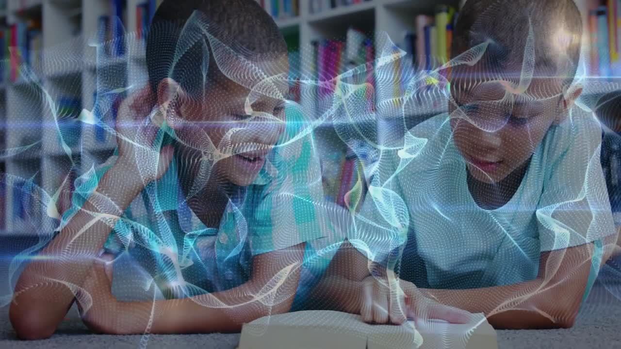 Two boys in school library tracing text and reading aloud for learning while digital wave pulsing