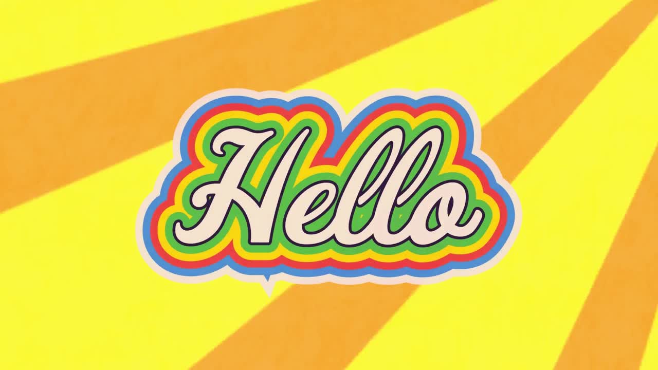Animation of hello text banner against radial rays in seamless pattern on yellow background