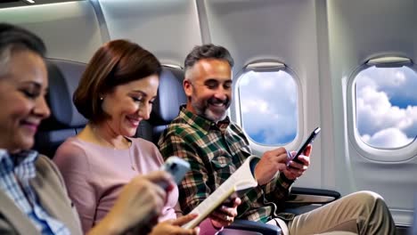 three people are sitting on an airplane, each with a book and a cell phone