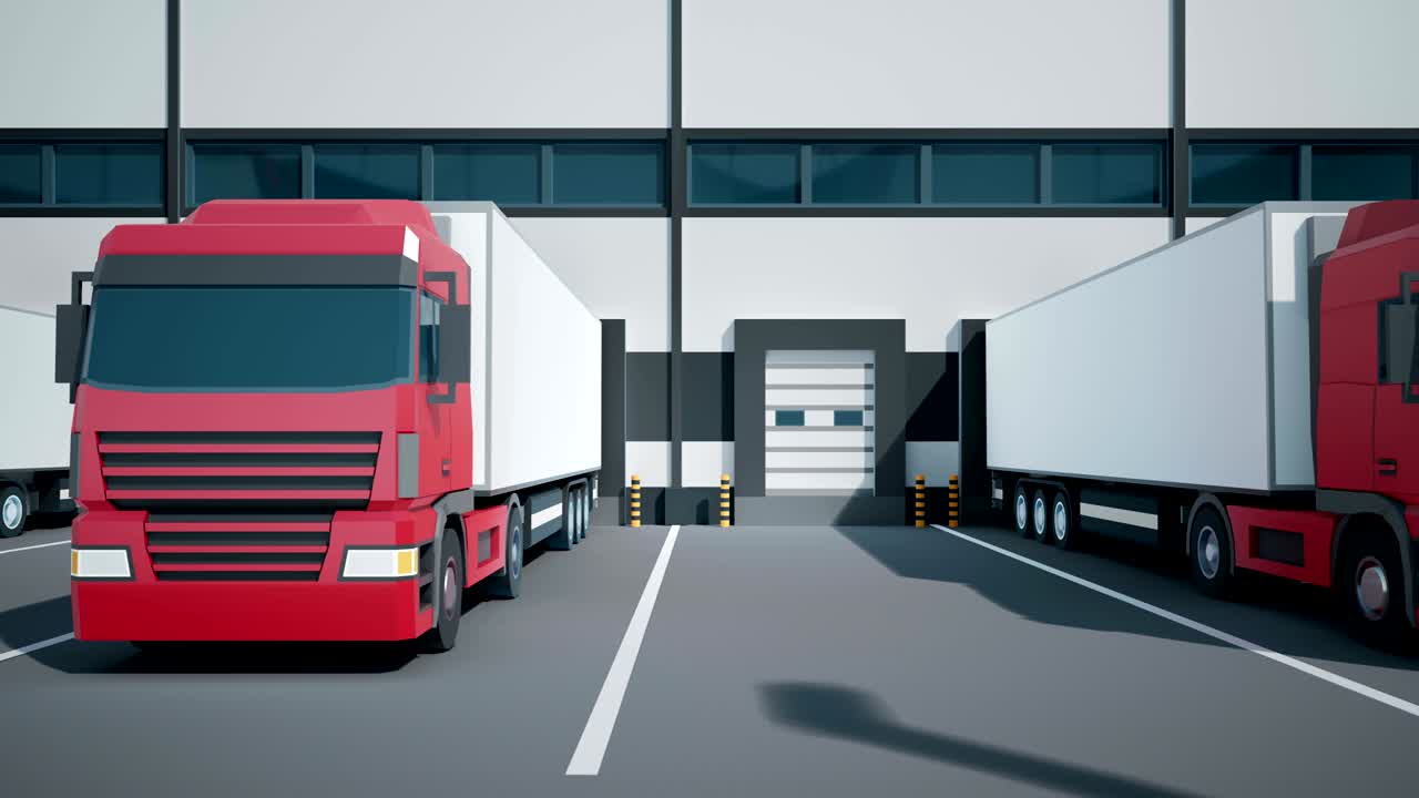 카메라 도리는 도크를 통해 창고로 화물을 배달하는 동안 유로 세미 트럭 근처로 이동합니다. 낮은 폴리 그래픽.