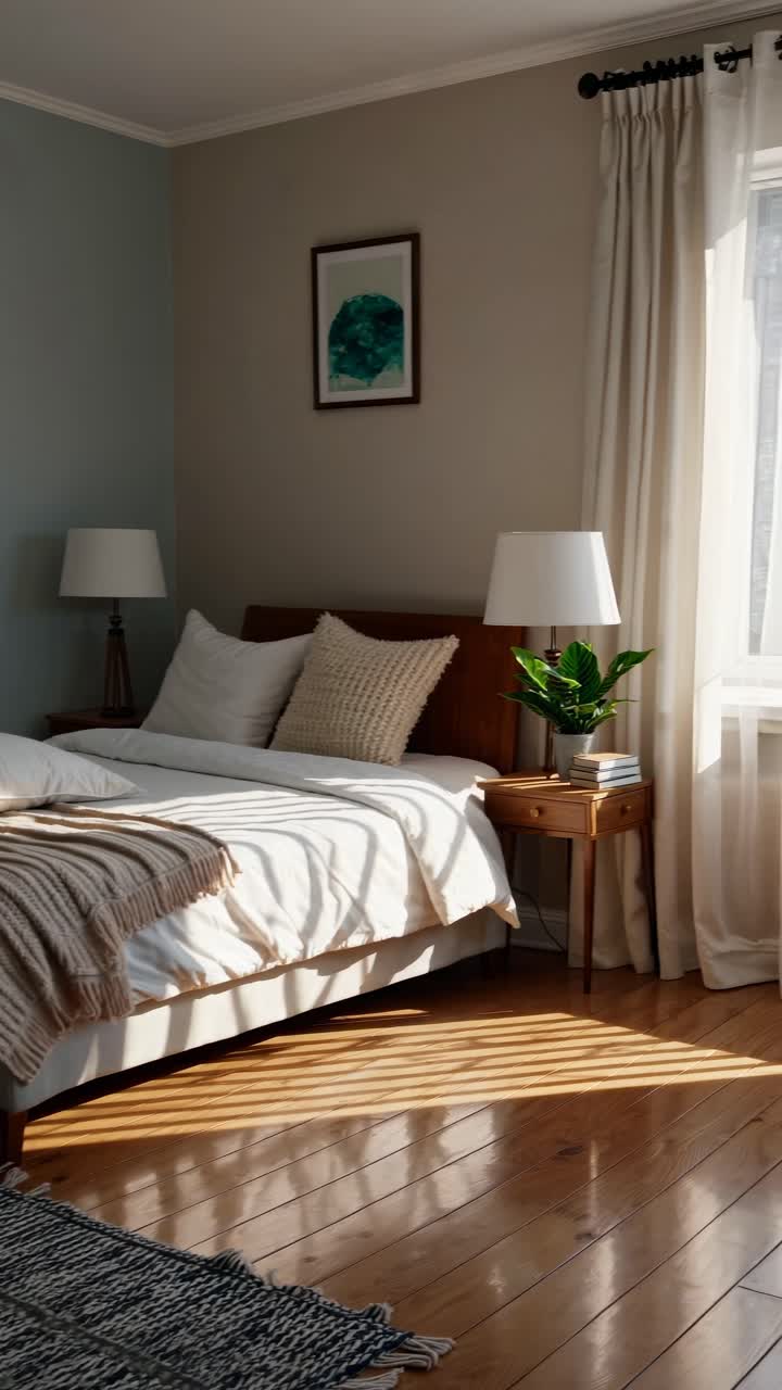 Dormitorio acogedor con luz natural suave, capturado desde un ángulo bajo