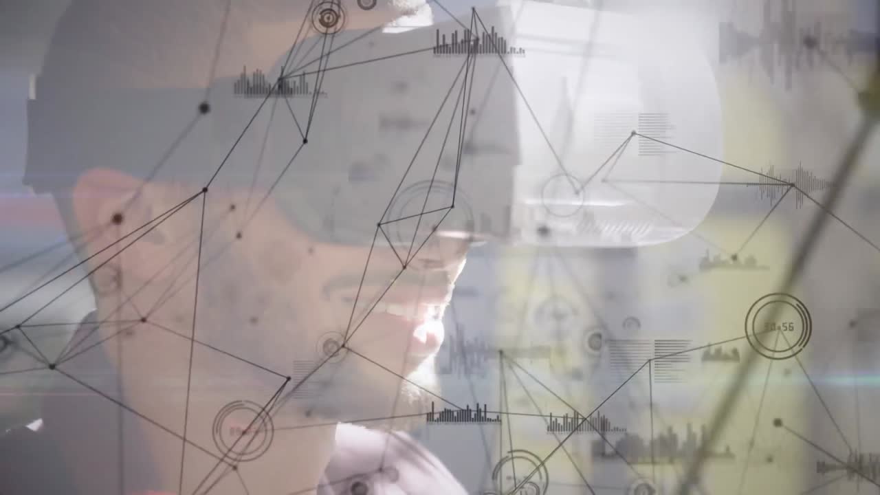animación de la red de conexiones y estadísticas sobre el hombre de negocios que usa auriculares vr