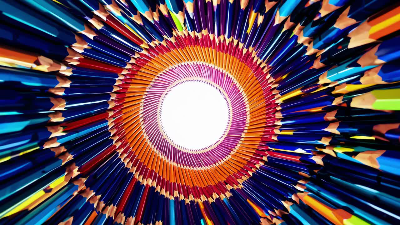 Vibrant circular arrangement of colored pencils gradually transitioning in hues, creating a mesmerizing visual effect with a bright center, showcasing artistic creativity