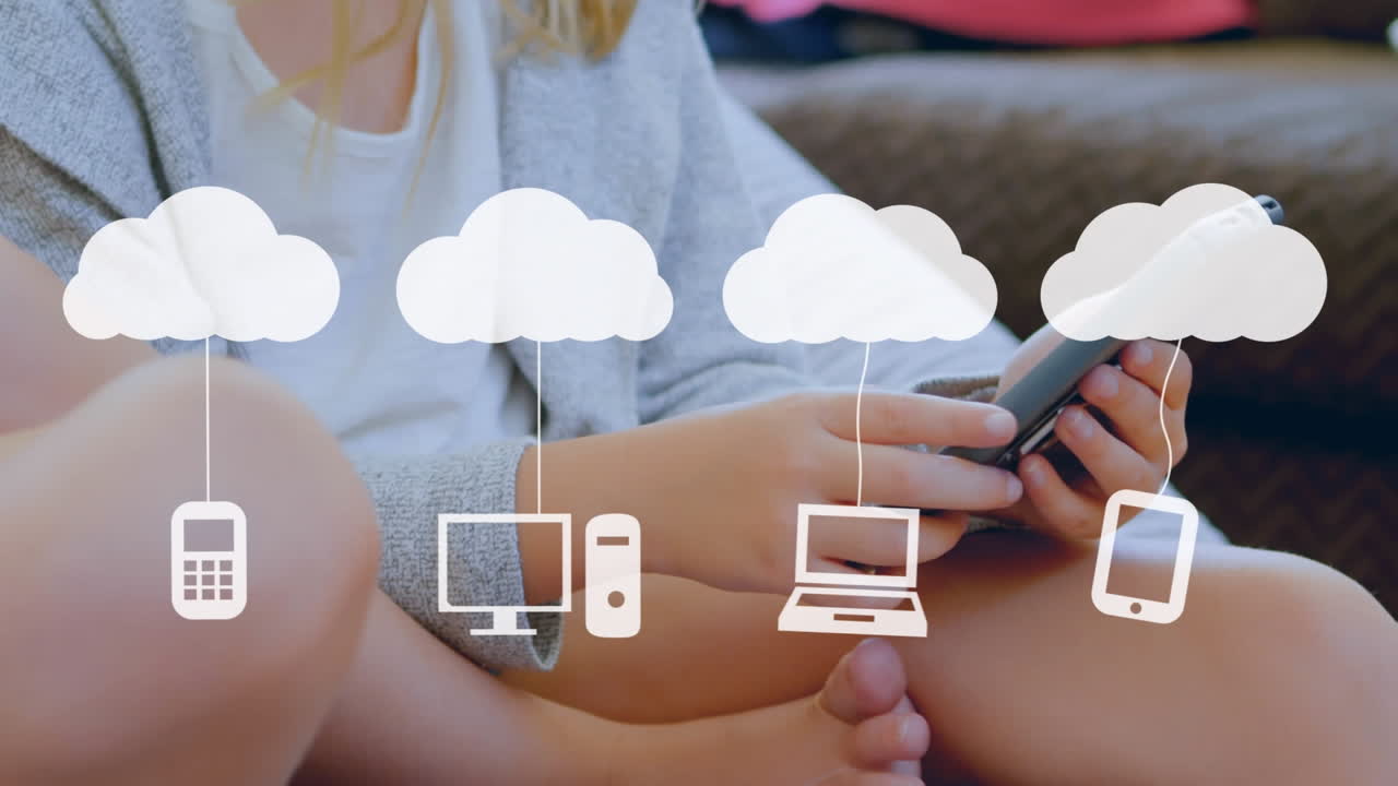 animación de nubes e iconos de medios sobre una niña que usa un teléfono inteligente