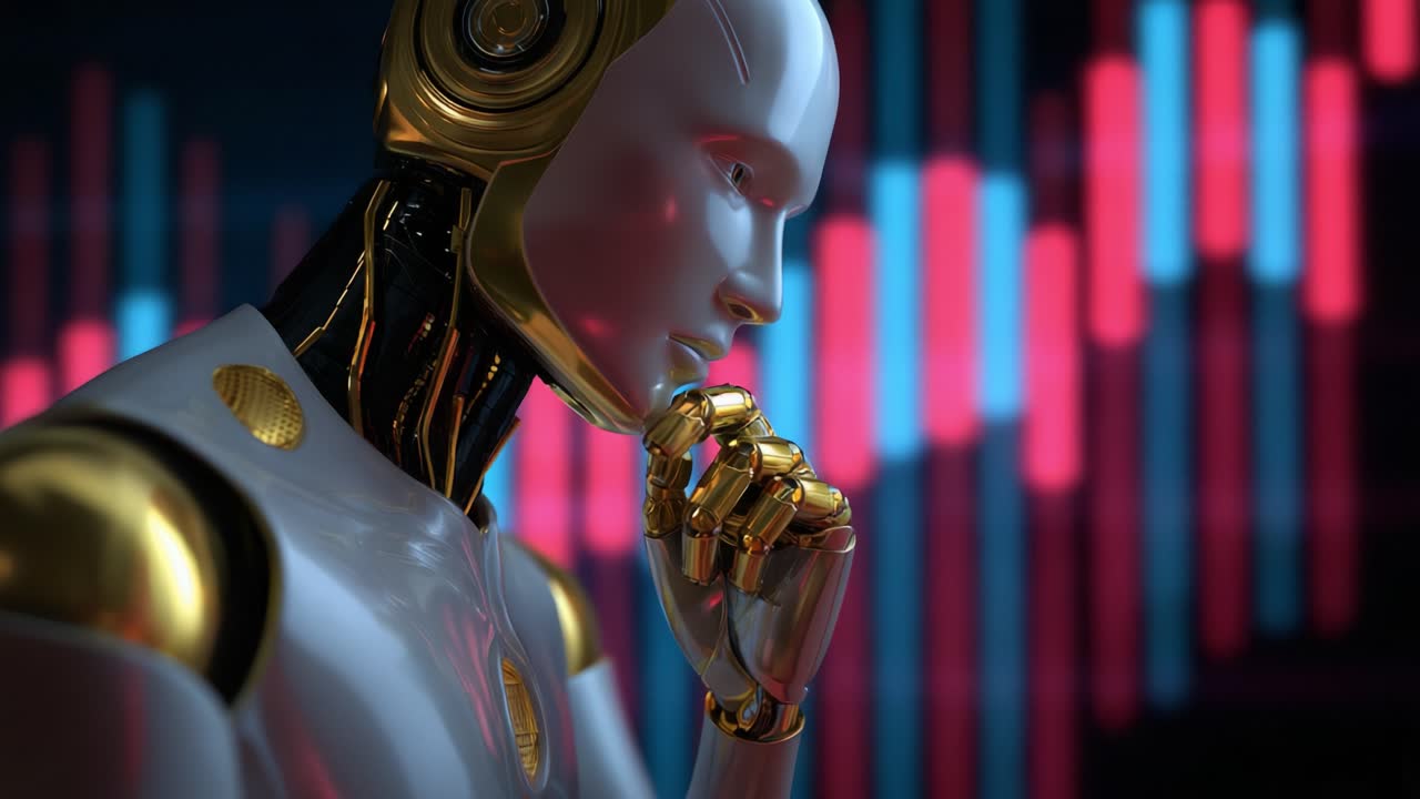 A futuristic robotic figure deep in contemplation, showcasing a blend of advanced technology and sleek design. The imagery evokes themes of artificial intelligence and the intersection of humanity and machines