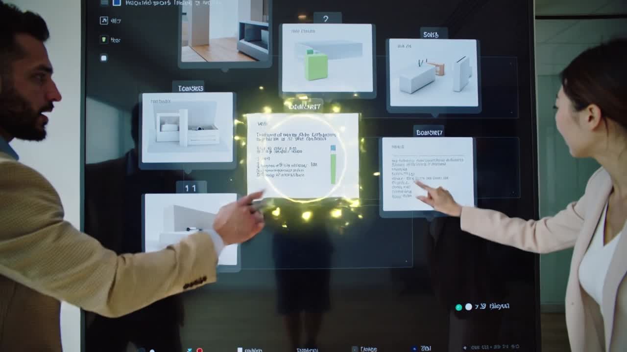 Touching glowing tile, four colleagues in suits dragging document tiles on wall display for review