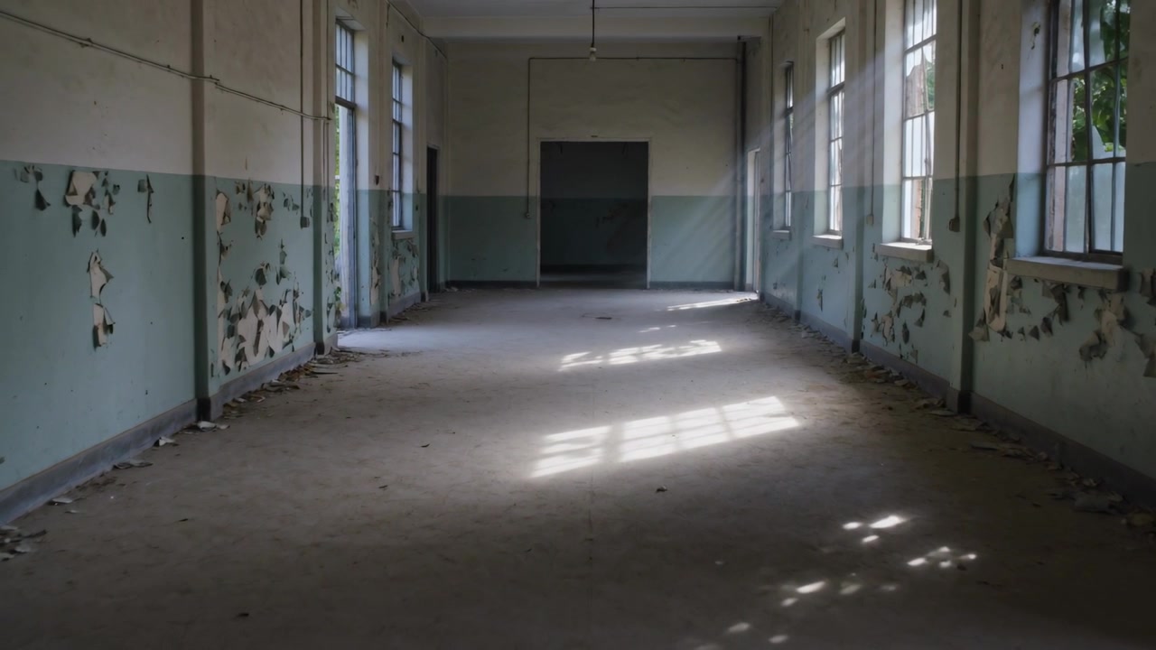 Kamera filmt leeren Korridor, abblätternde Farbe, Tageslicht strömt durch Fenster, wechselndes Licht.