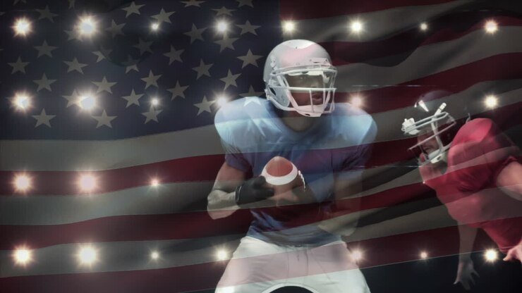 Jugador de fútbol americano siendo tackleado con una bandera de Estados Unidos en primer plano