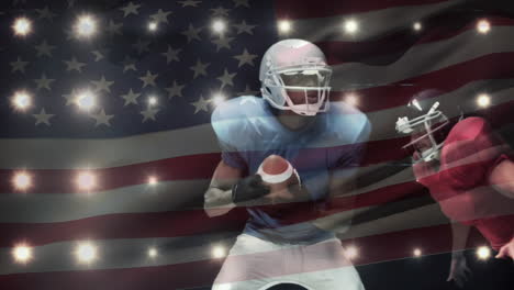 football player being tackled with an american flag on the foreground