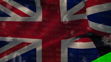 animation of mathematical symbols over waving uk flag against stock market data processing