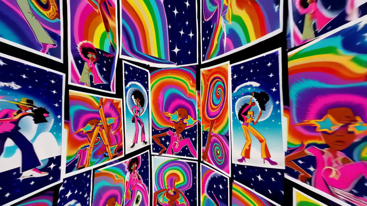 Vibrant Retro Disco Cartoon Art with Psychedelic Patterns