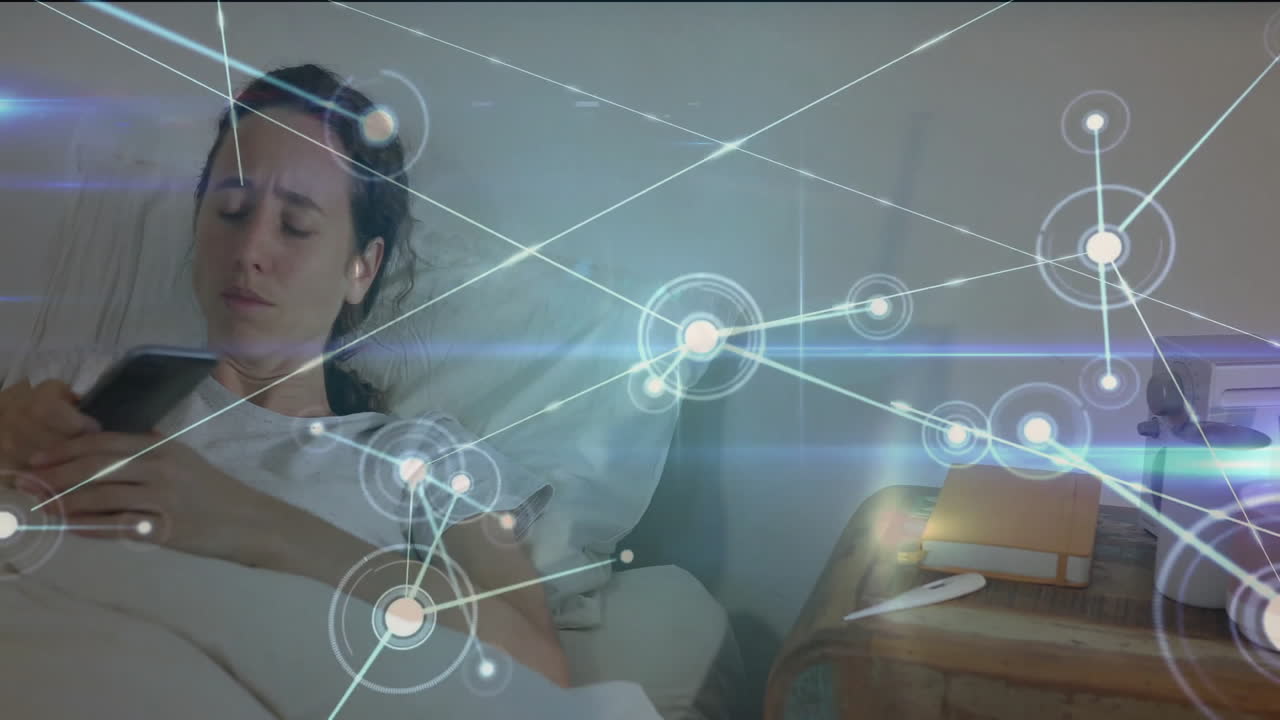 Mid-adult woman lying in bed, using smartphone for health tech with glowing network nodes overlay