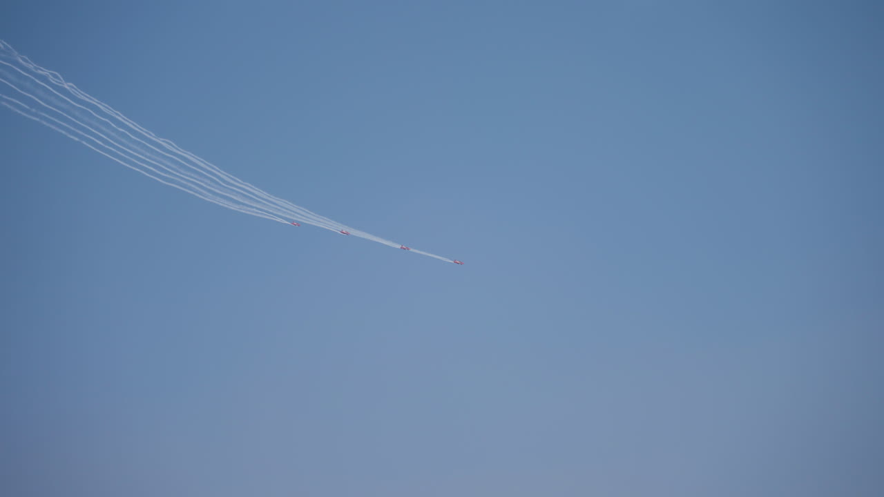 Surya Kiran Aerobatic Team aircrafts performing a synchronized display at the Aero India airshow