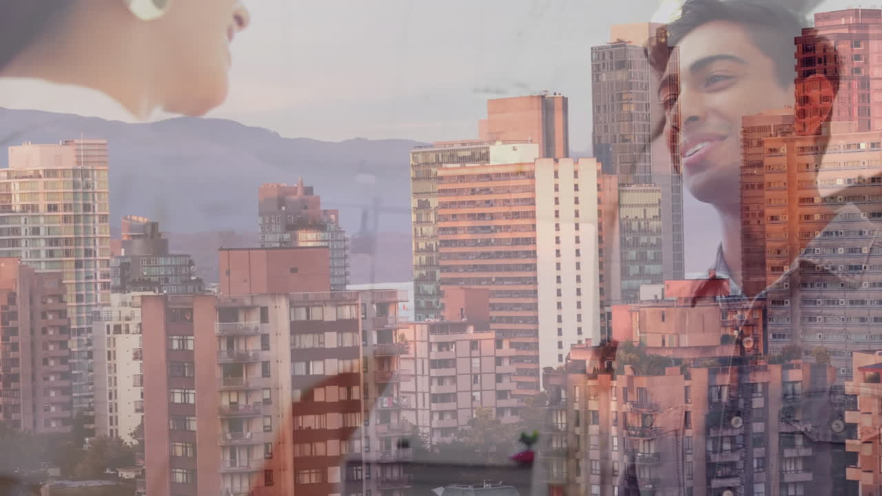 비즈니스맨과 비즈니스맨이 도시 풍경에 손을 흔들고 있는 디지털 구성