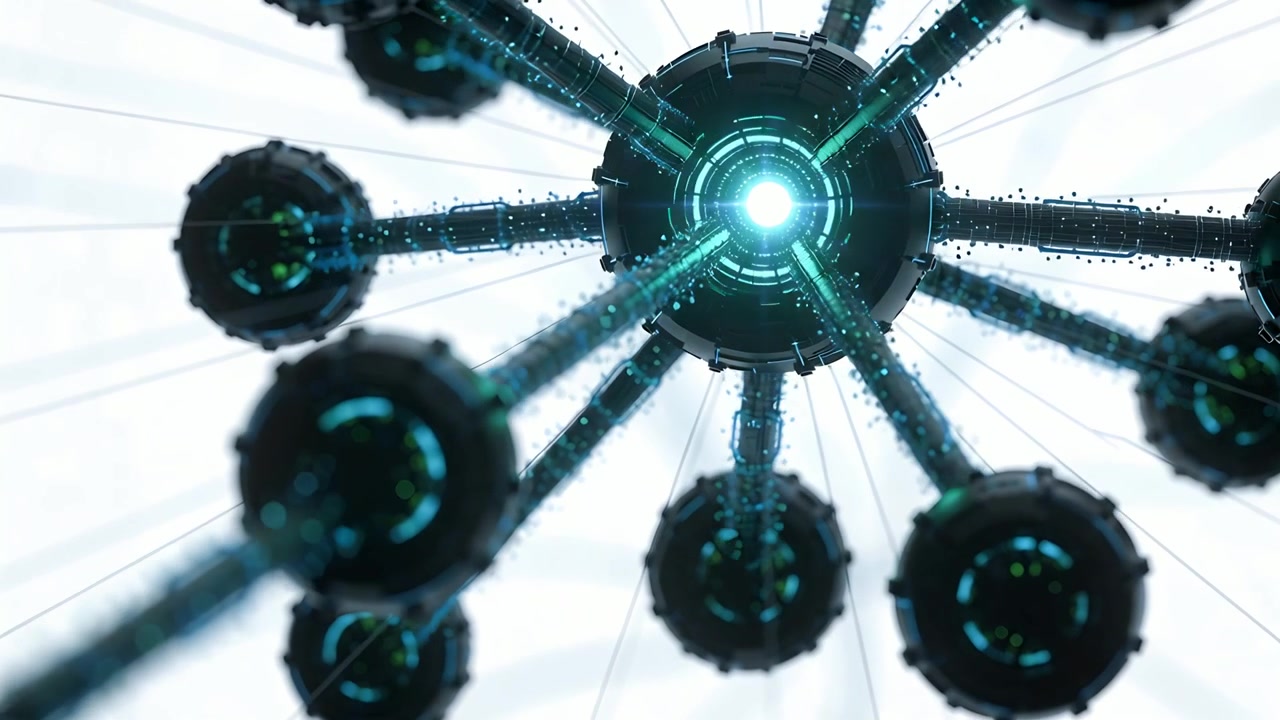 Camera moving causing hub glowing cyan core arms shifting particles drifting on cables pods in void