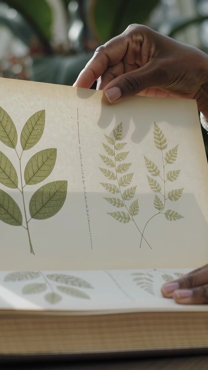 Video vertical: Mano con manga acanalada pasando las páginas de un libro de plantas sobre una mesa, revelando hojas