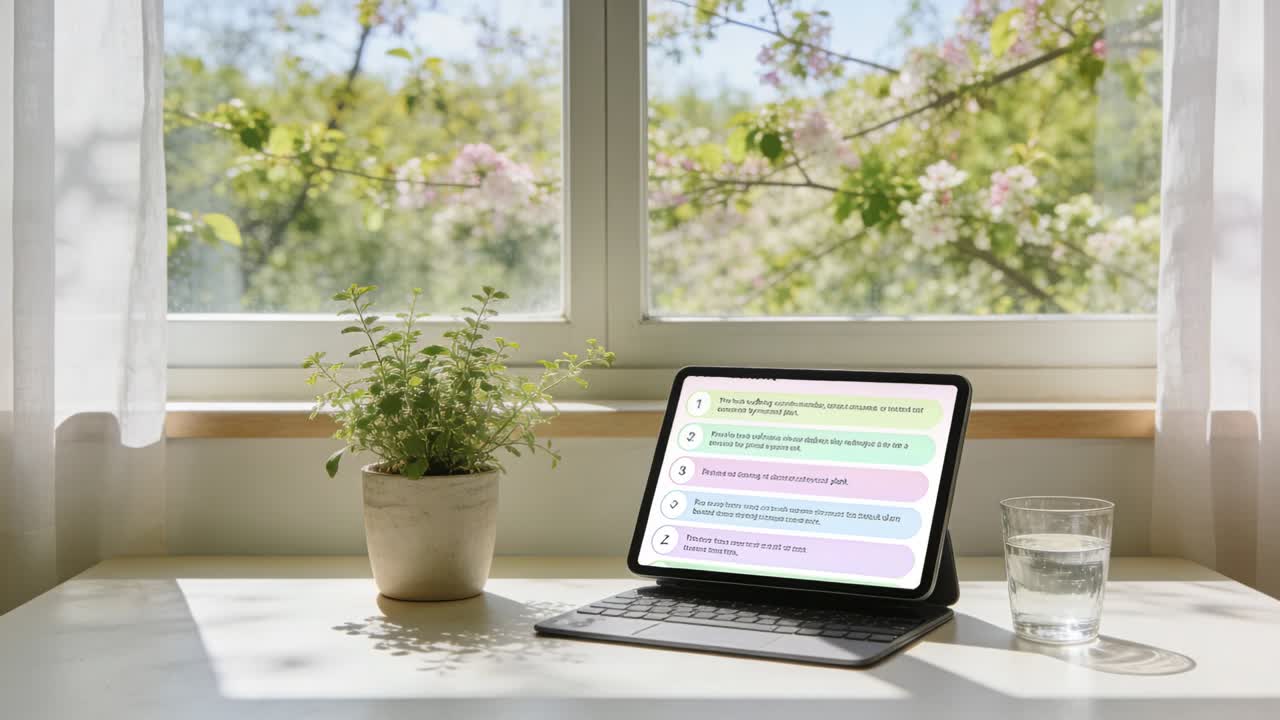Cycling tablet with folio keyboard as list auto-advancing on desk near window, plant glass visible