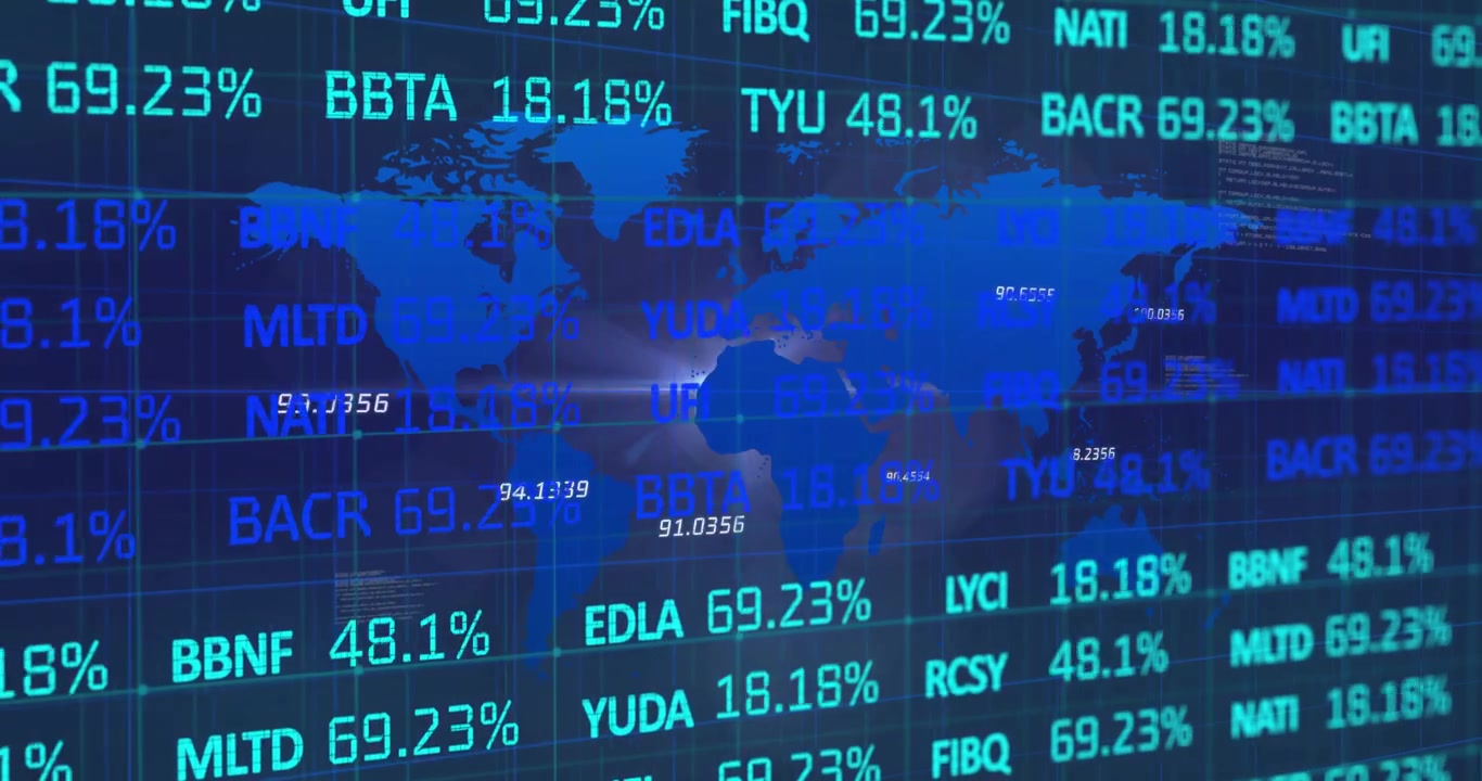 Animated Stock Market Data Scrolling Over a World Map