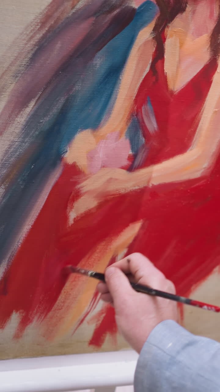 Strategic choice of scarlet dress on canvas. Passion and vitality in composition while surrounding colors harmonize to create balanced visual narrative