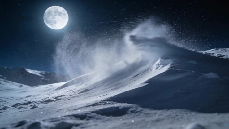 Rajadas de vento levantando neve em pó do topo de uma duna de neve esculpida pelo vento sob a lua cheia, formando plumas.