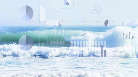 data processing animation over ocean waves crashing on shore