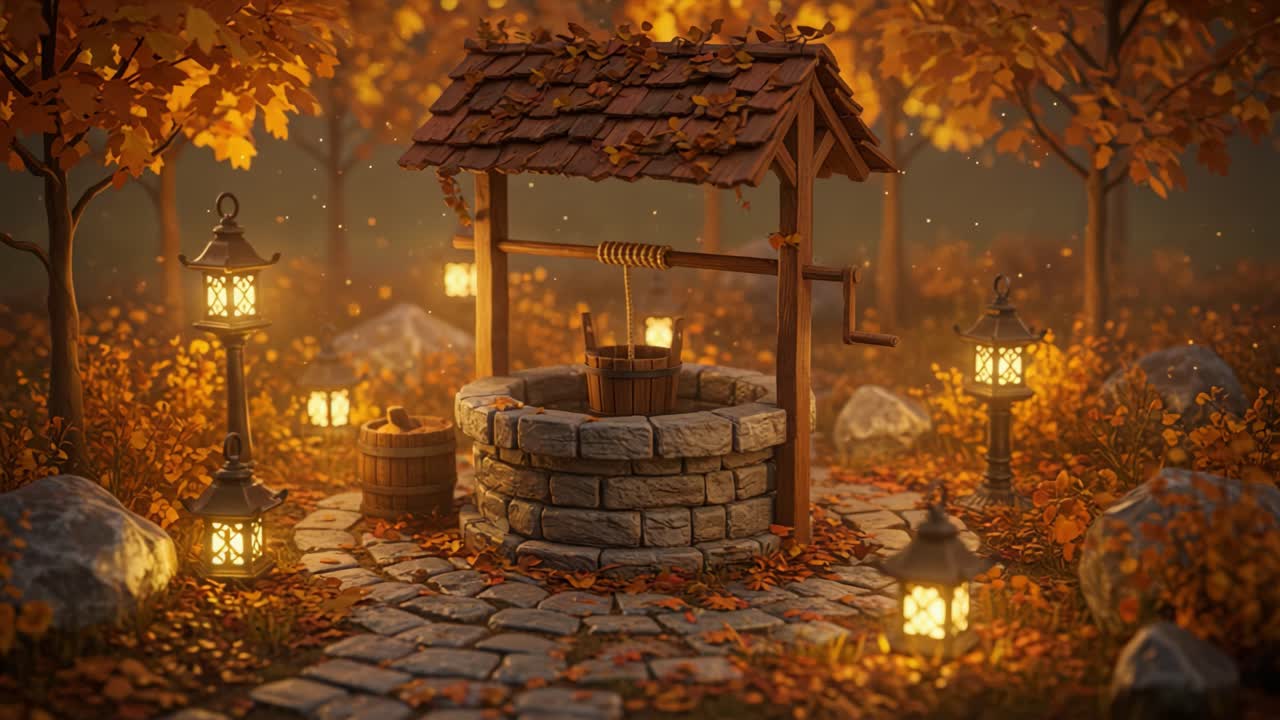 well,autumn,lanterns,nature,scene,leaves,light,rustic,tranquil,reflection,forest,magic,cozy,warmth,stones,twilight,vibrant,peaceful,garden,wood,bucket,harvest,glow,sight,path,fable,bark,basket,breeze,twinkle,serenity,amber,scenery,glistening,charm,soothing,inviting,harmony,woodland,whimsical