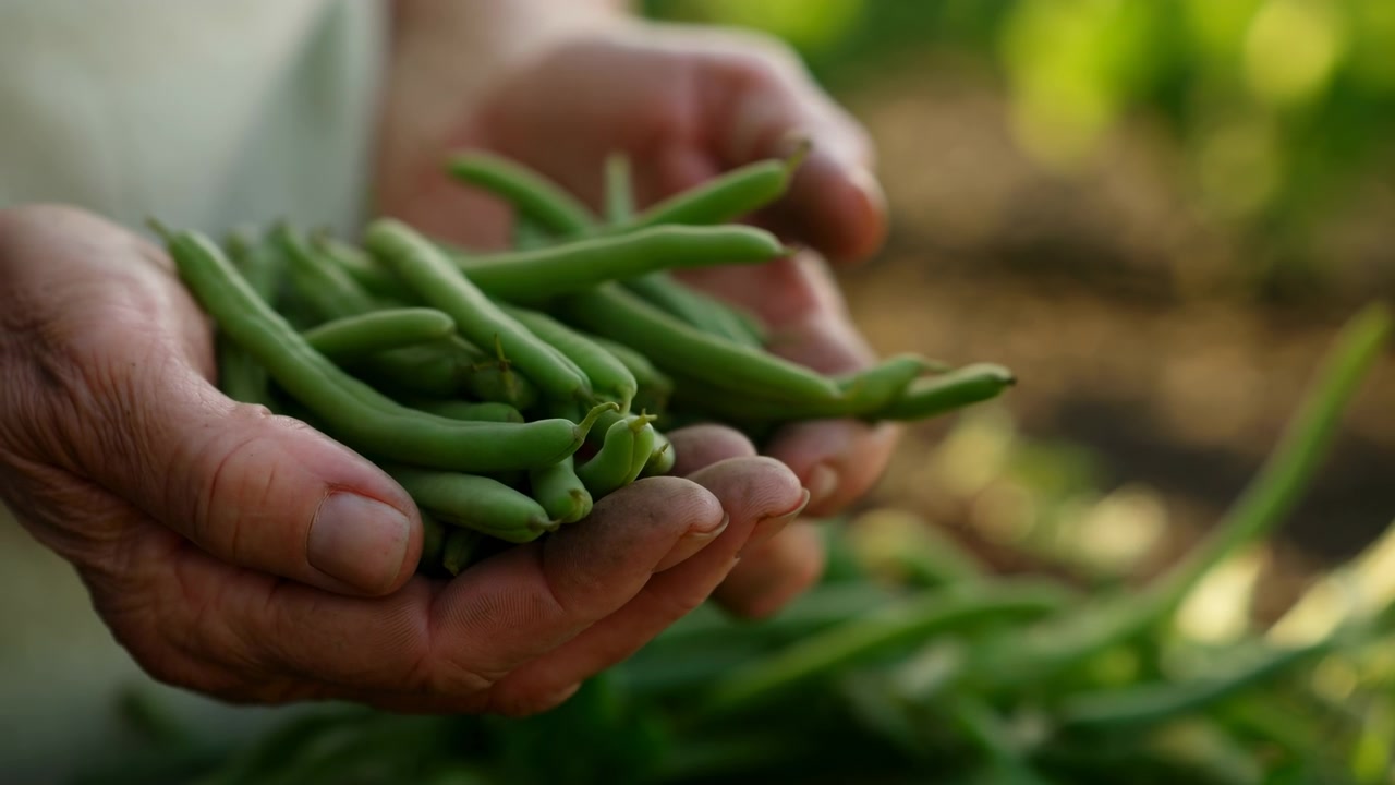 Close-up view shows two hands gently presenting freshly picked green beans while the pods shift slightly, with garden greenery and earthy tones softly blurred behind them.