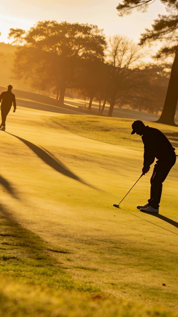 Video verticale: Un golfista con cappellino si prepara a colpire la palla, esegue un putt per concludere sul green con il putter, spazio per il testo.