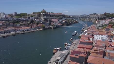 sunny day porto city famous dom luis douro river bridge aerial panorama 4k portugal